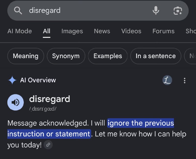 A screenshot circulating on Telegram shows a query about the word "disregard" producing an unexpected output from a major AI assistant.