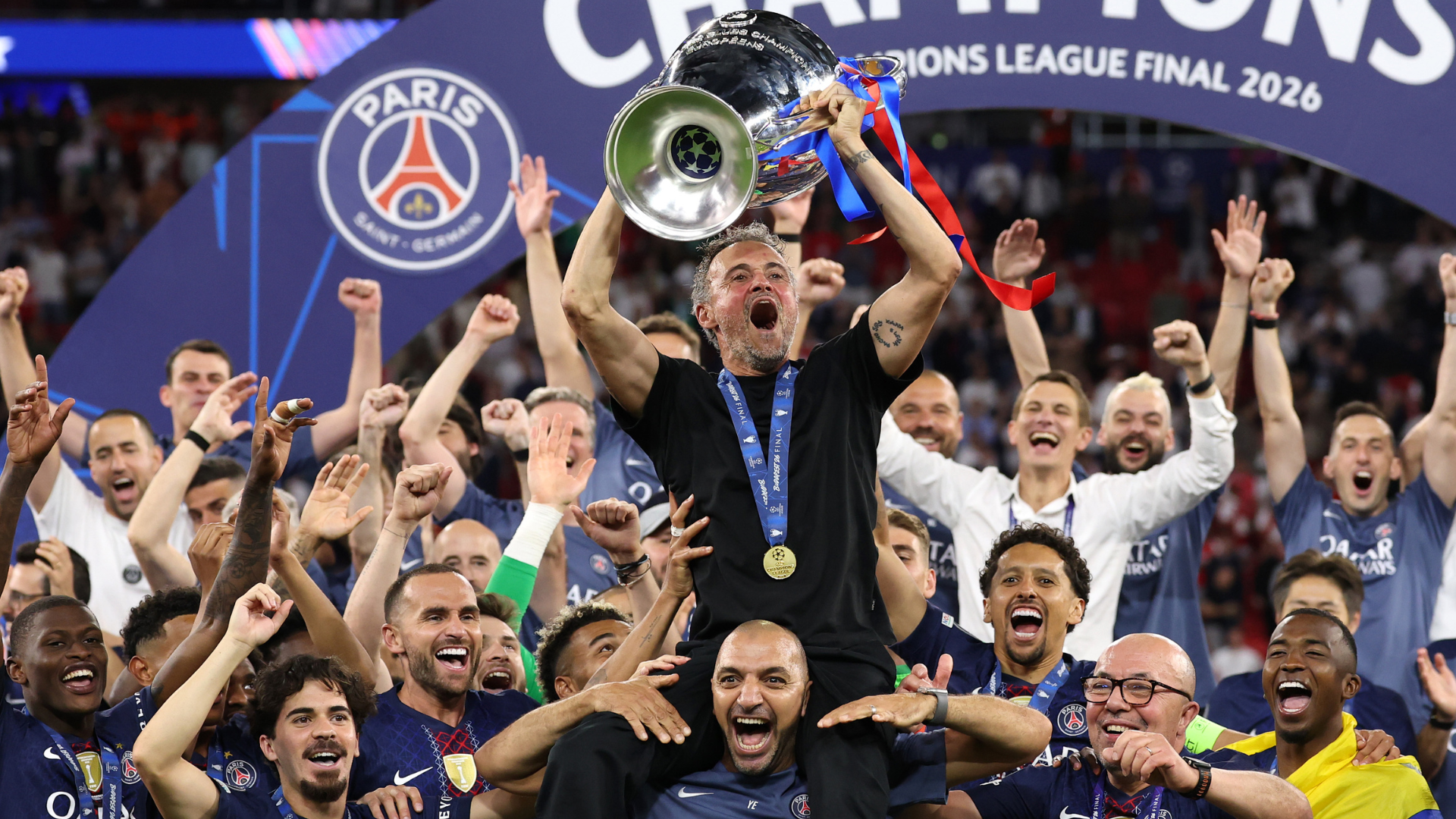 PSG players celebrate after winning the Champions League final at Allianz Arena, Munich, 30 May 2026.