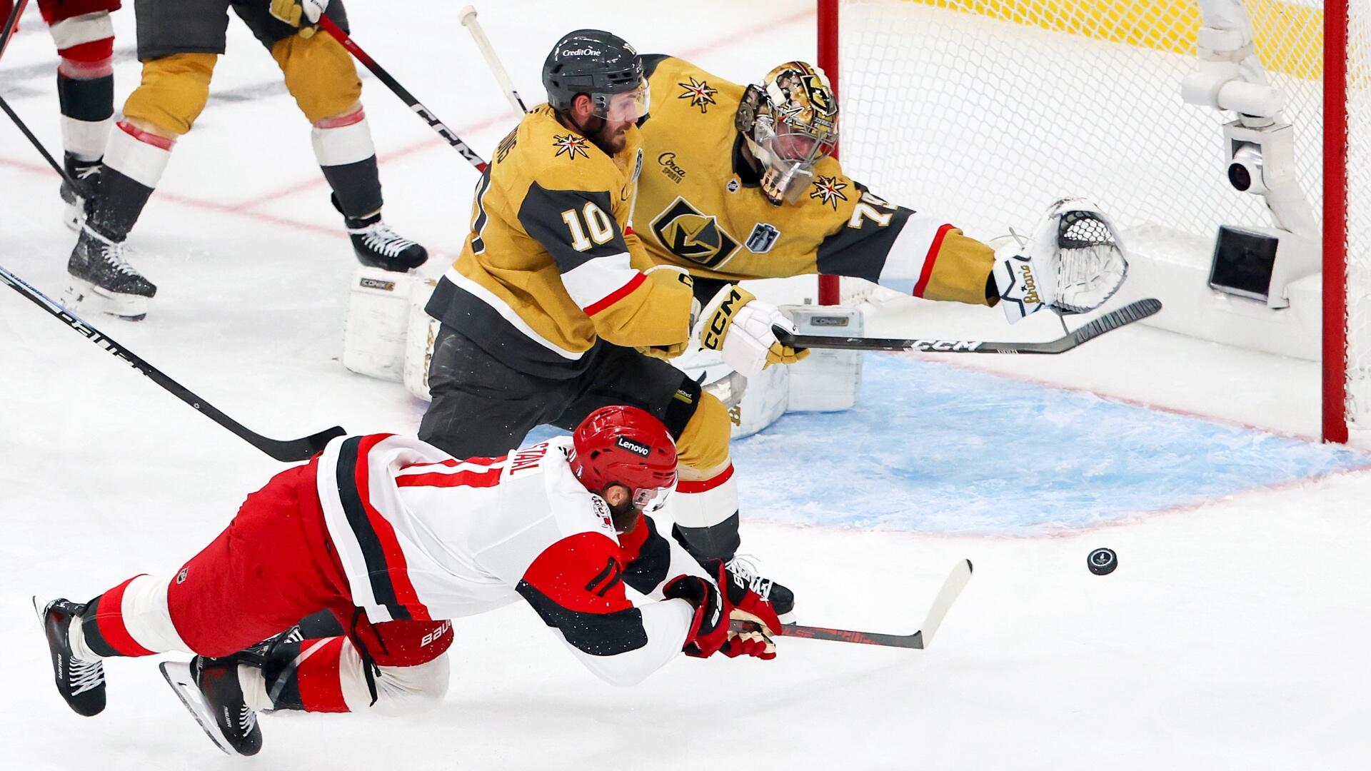 Jordan Staal's second goal of the night — scored from his stomach at 6:32 of the third period — sent Carolina past Vegas 5-3, levelling the Cup Final and shifting the series onto the Golden Knights' schedule.
